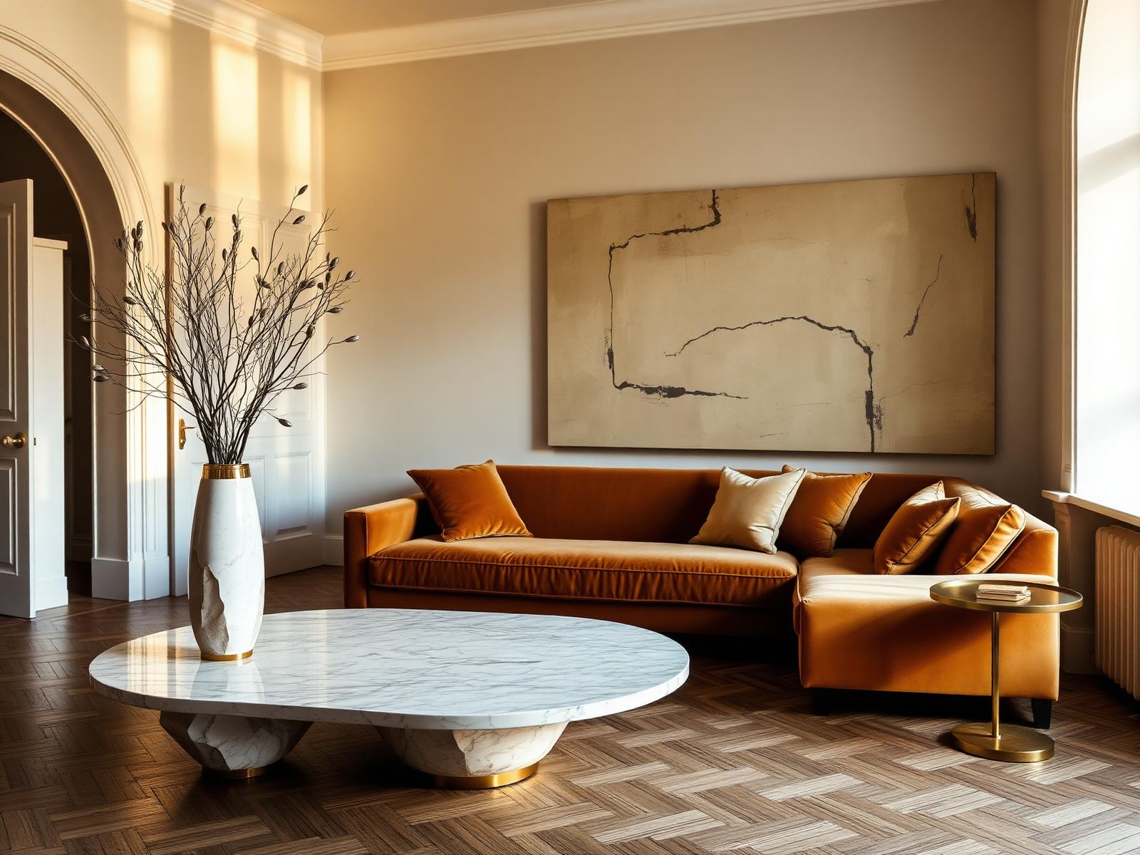 A warm modern classic living room with an abstract painting